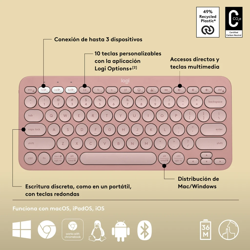 Logitech Teclado Pebble Keys 2 K380s Rosa, vista superior: teclas redondas, distribución española y botones multidispositivo - Ítem8