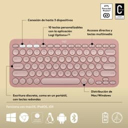 Logitech Pebble Keys 2 K380s rosa, vista superior com infográfico: teclas redondas, conexão 3 dispositivos e compatibilidade