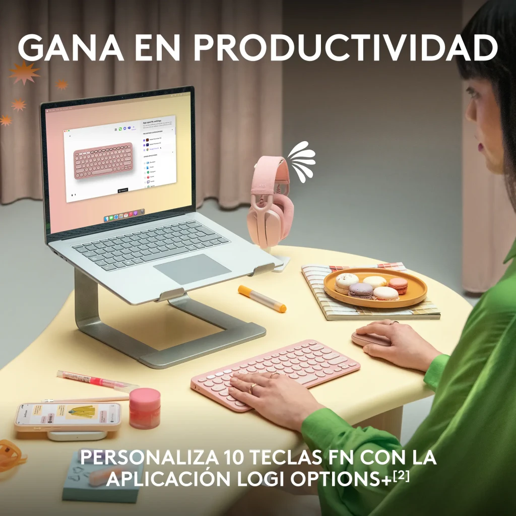 Logitech Teclado Pebble Keys 2 K380s Rosa, vista superior: teclas redondas, distribución española y botones multidispositivo - Ítem7