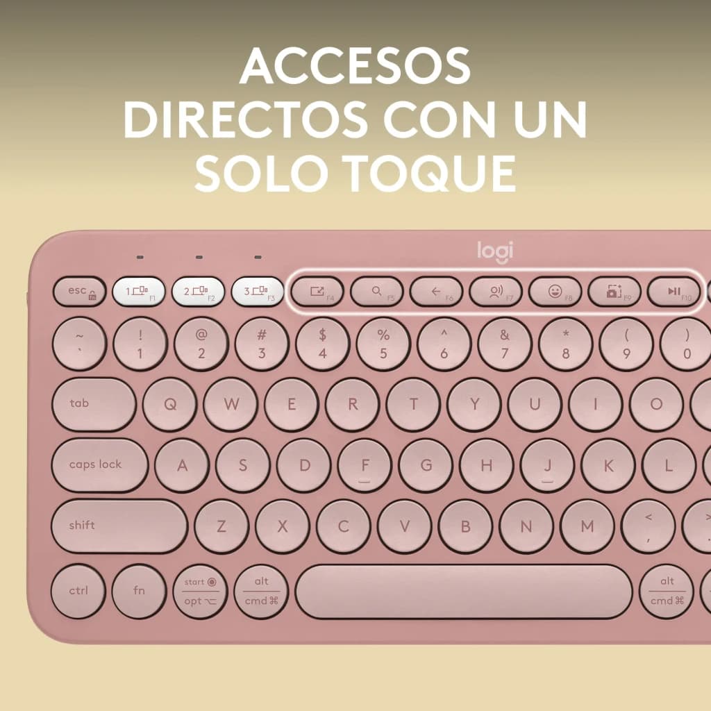 Logitech Pebble Keys 2 K380s Rosa, vista superior: teclas redondas e fila de atalhos destacada