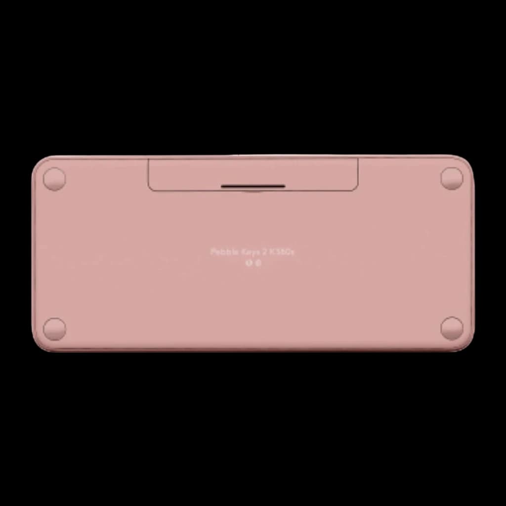 Logitech Pebble Keys 2 K380s rosa, vista inferior: base lisa com quatro pés antiderrapantes e etiqueta do modelo