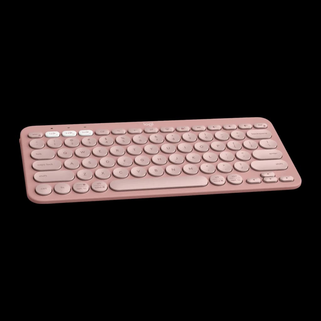 Logitech Pebble Keys 2 K380s rosa, vista em ângulo: teclado compacto com teclas redondas e botões de troca de dispositivo