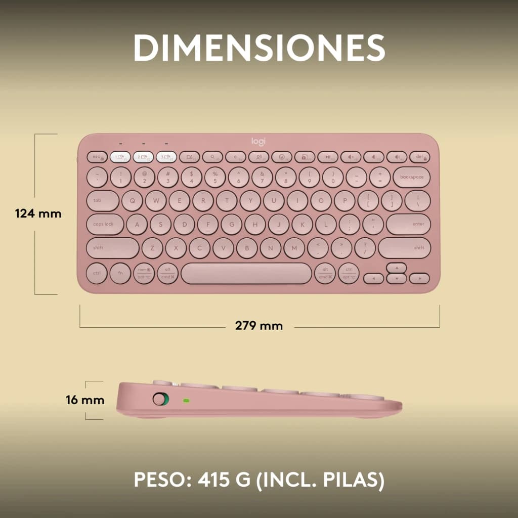Logitech Pebble Keys 2 K380s Rosa, dimensões: vista superior e lateral com medidas 279x124x16 mm e peso 415 g