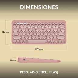 Logitech Pebble Keys 2 K380s Rosa, dimensões: vista superior e lateral com medidas 279x124x16 mm e peso 415 g