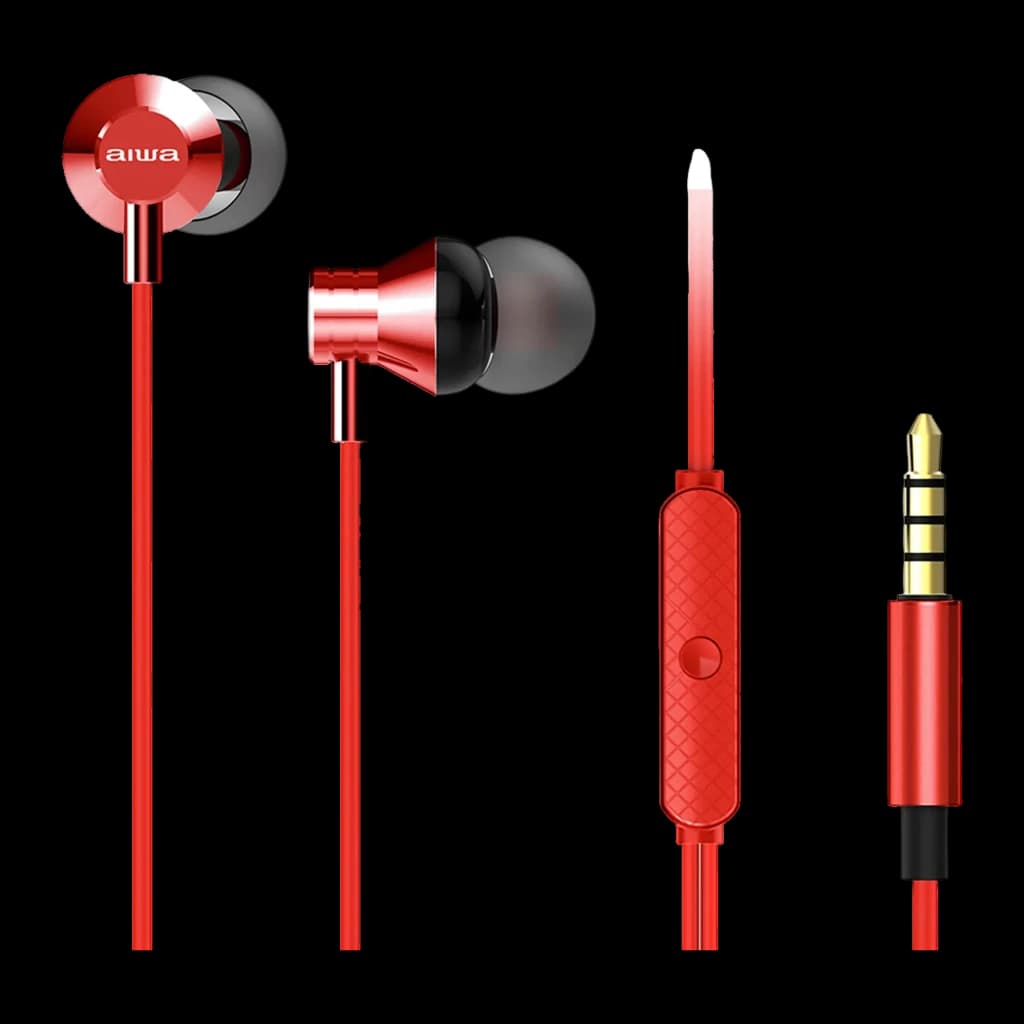 AIWA Écouteurs ESTM-50RD Rouge, vue détail: corps métallique, embouts silicone, télécommande en ligne et jack 3,5mm doré