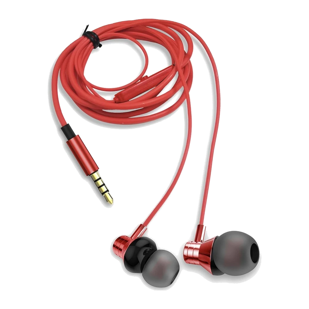 AIWA Auriculares ESTM-50RD Rojo, vista detalle: cuerpo metálico, puntas de silicona, mando en línea y jack 3.5mm dorado - Ítem2