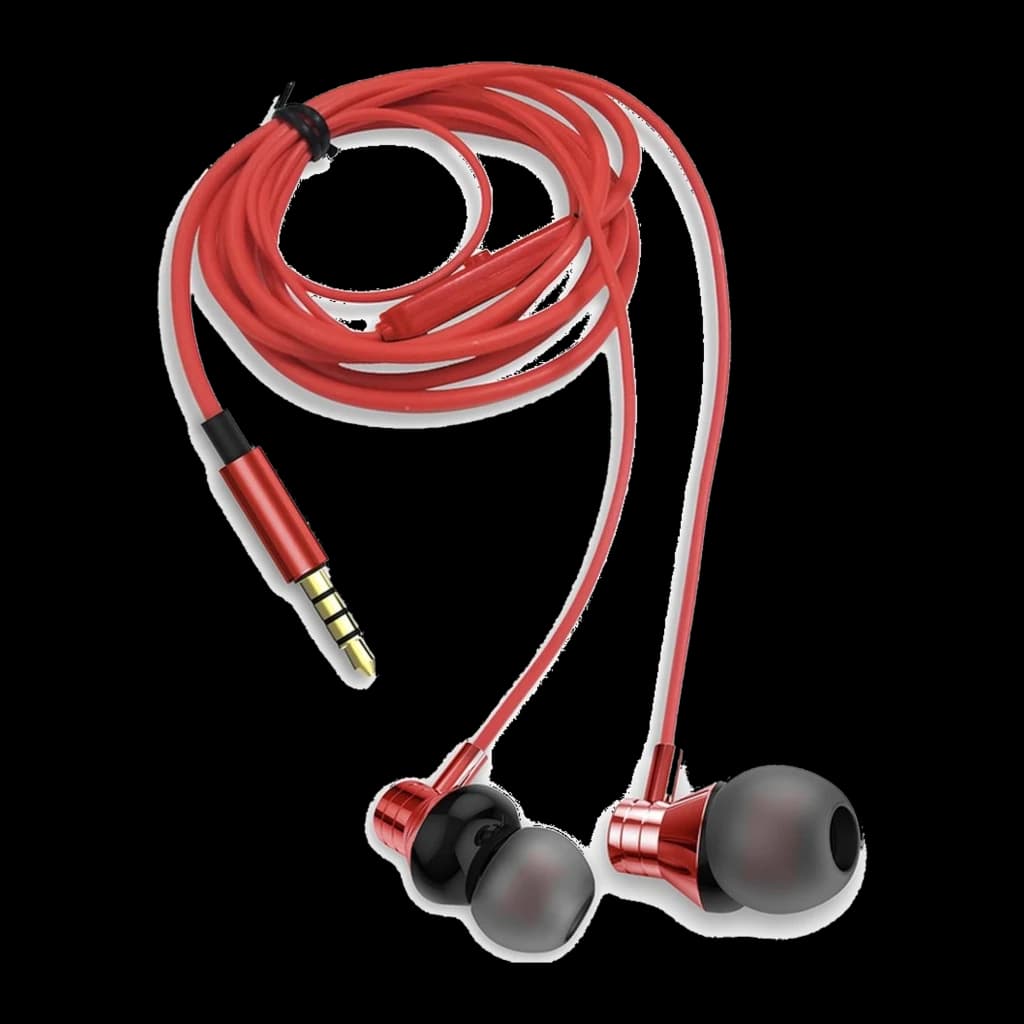 AIWA ESTM-50RD Rouge, vue inférieure: jack 3,5mm doré au premier plan, écouteurs et embouts gris en bas
