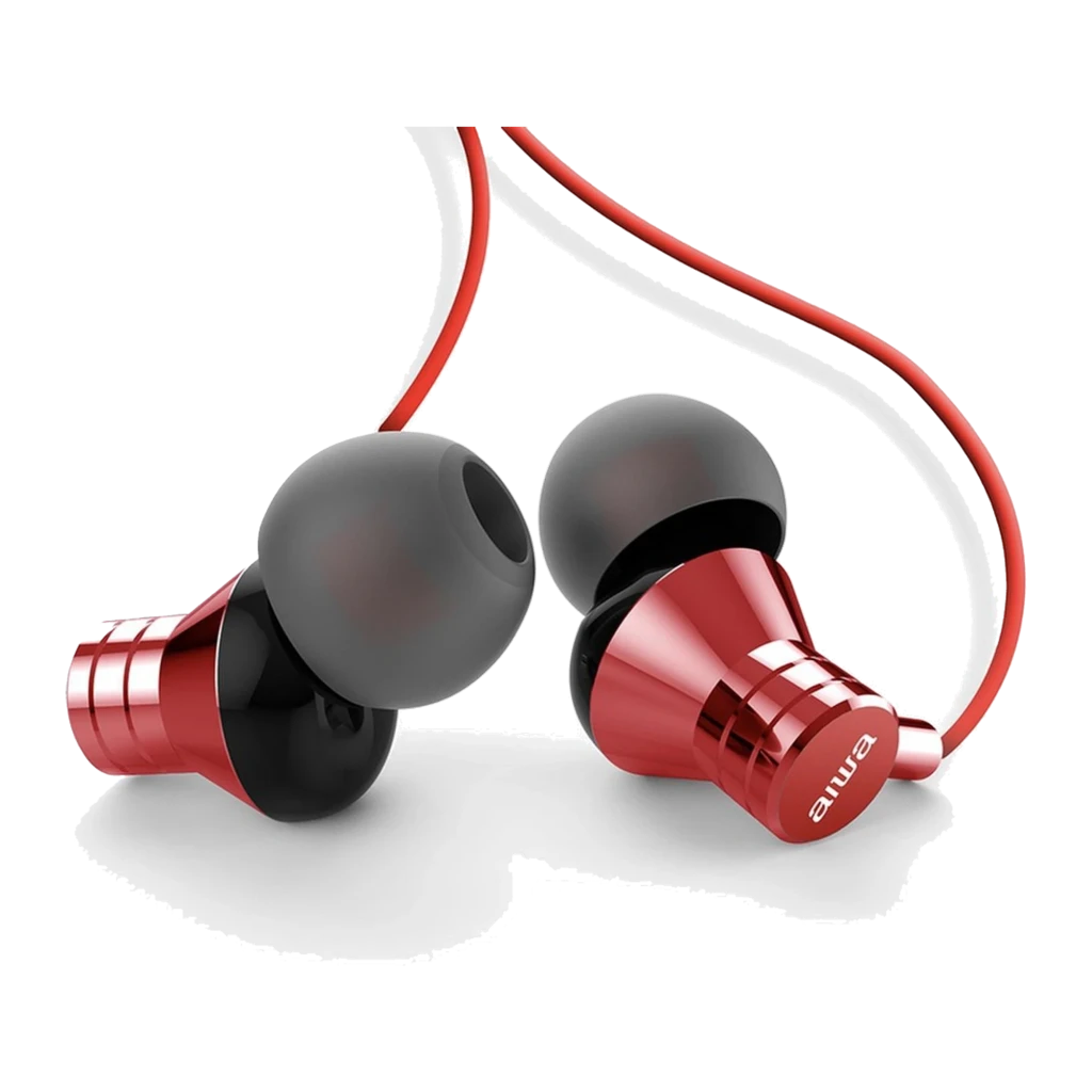 AIWA Auriculares ESTM-50RD Rojo, vista detalle: cuerpo metálico, puntas de silicona, mando en línea y jack 3.5mm dorado - Ítem3
