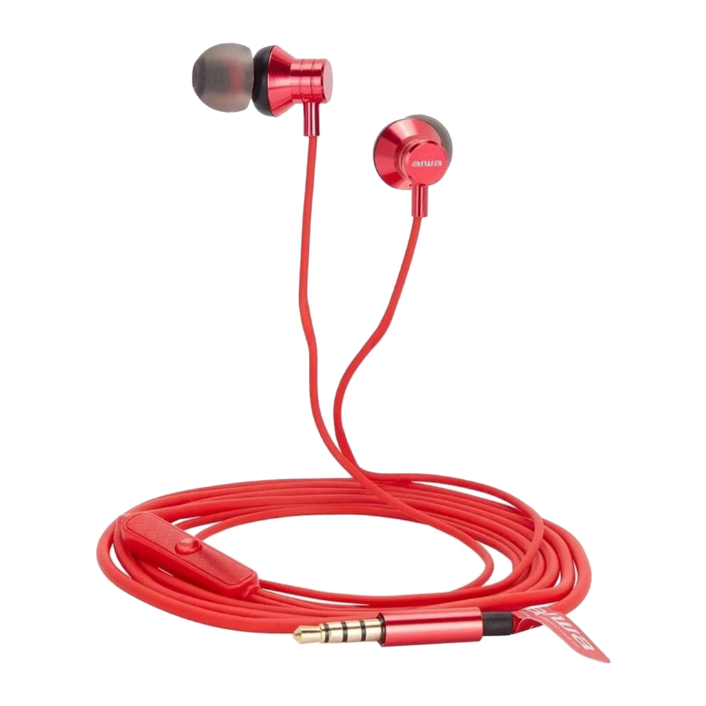 AIWA Auriculares ESTM-50RD Rojo, vista detalle: cuerpo metálico, puntas de silicona, mando en línea y jack 3.5mm dorado - Ítem1