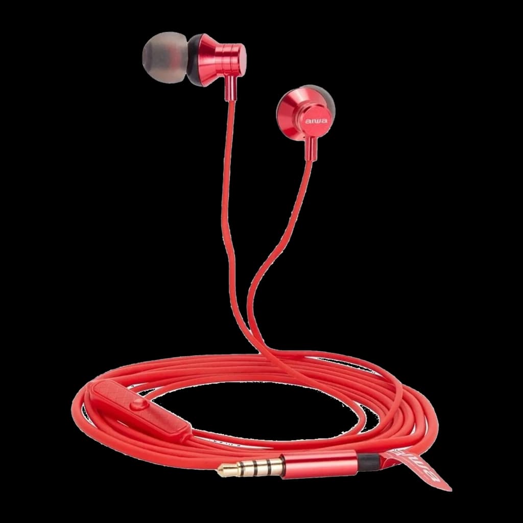 AIWA ESTM-50RD Rouge, vue principale: écouteurs intra-auriculaires avec câble rouge enroulé, télécommande en ligne et jack