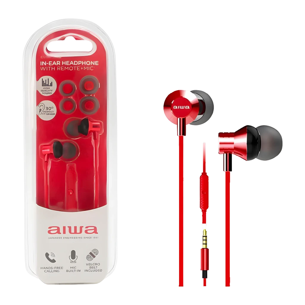 AIWA Auriculares ESTM-50RD Rojo, vista detalle: cuerpo metálico, puntas de silicona, mando en línea y jack 3.5mm dorado - Ítem4