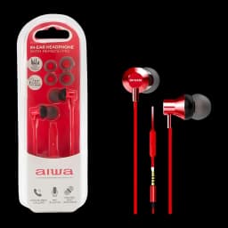 AIWA Écouteurs ESTM-50RD Rouge, emballage et détail: boîte avec écouteurs métalliques rouges, câble plat, télécommande et