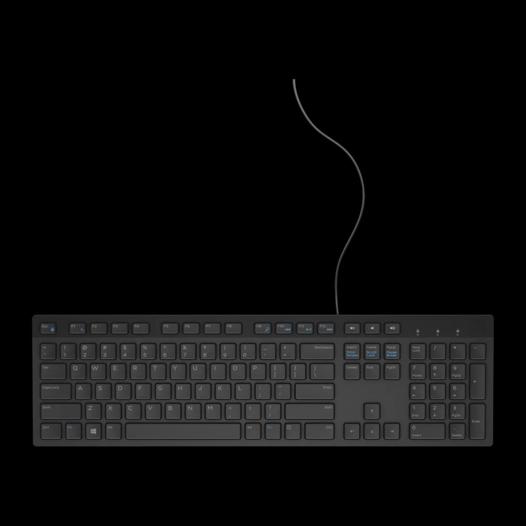 Dell Teclado KB216 QuietKey USB Preto, vista superior: disposição QWERTY completa com teclas multimédia em azul e cabo USB