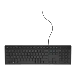 Dell Teclado KB216 QuietKey USB Negro, vista superior: disposición QWERTY completa con teclas multimedia en azul y cable USB