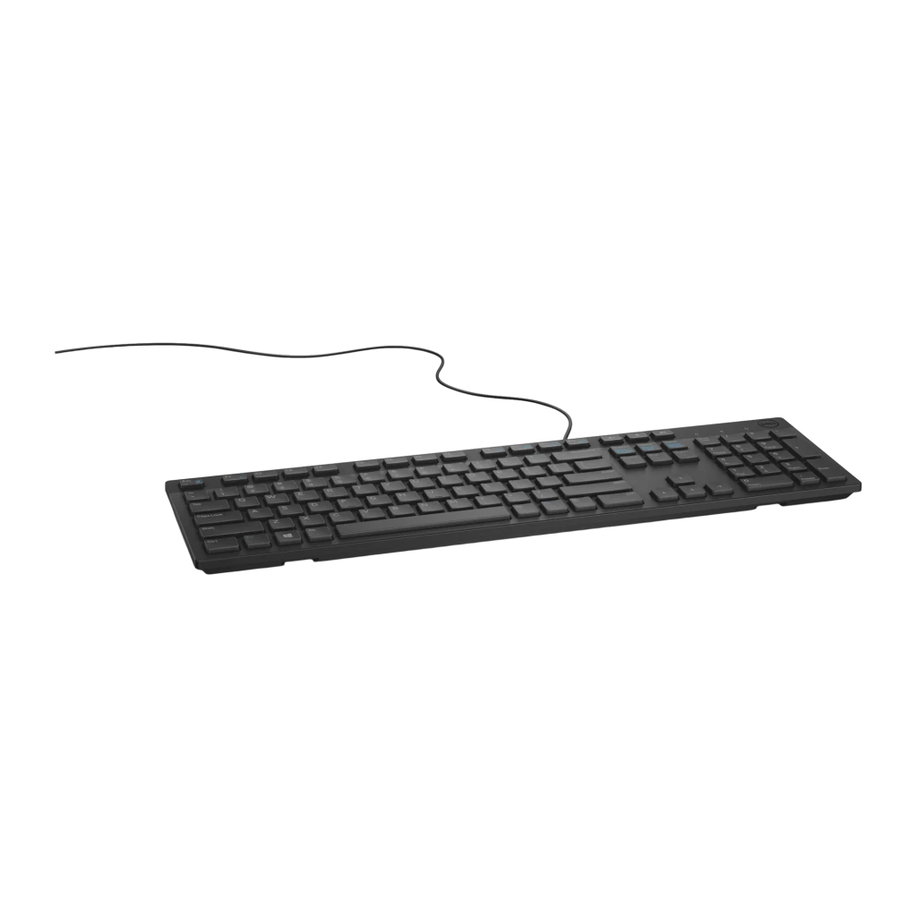 Dell Teclado KB216 QuietKey USB Preto, vista superior: disposição QWERTY completa com teclas multimédia em azul e cabo USB - Item1