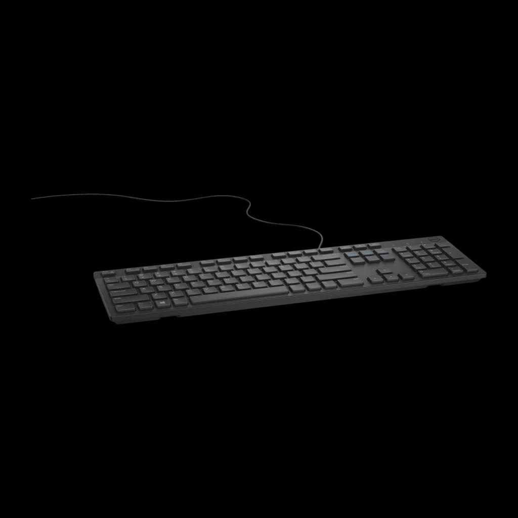 Dell Teclado KB216 QuietKey USB Preto, ângulo frontal baixo: perfil fino e lado esquerdo com cabo USB visível