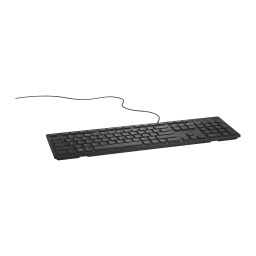 Dell Teclado KB216 QuietKey USB Negro, ángulo frontal bajo: perfil delgado y lateral izquierdo con cable USB visible