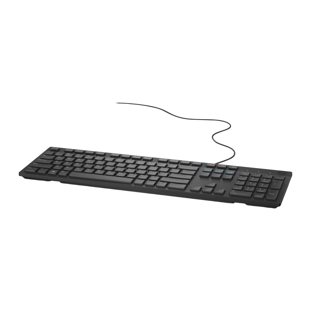 Dell Teclado KB216 QuietKey USB Preto, vista superior: disposição QWERTY completa com teclas multimédia em azul e cabo USB - Item2
