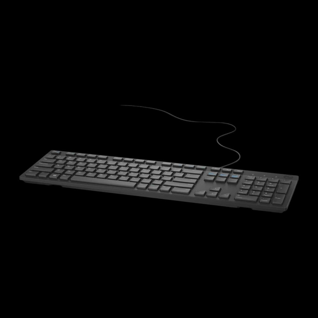 Dell Teclado KB216 QuietKey USB Preto, ângulo traseiro direito: teclado numérico e logótipo Dell visíveis, cabo USB à direita