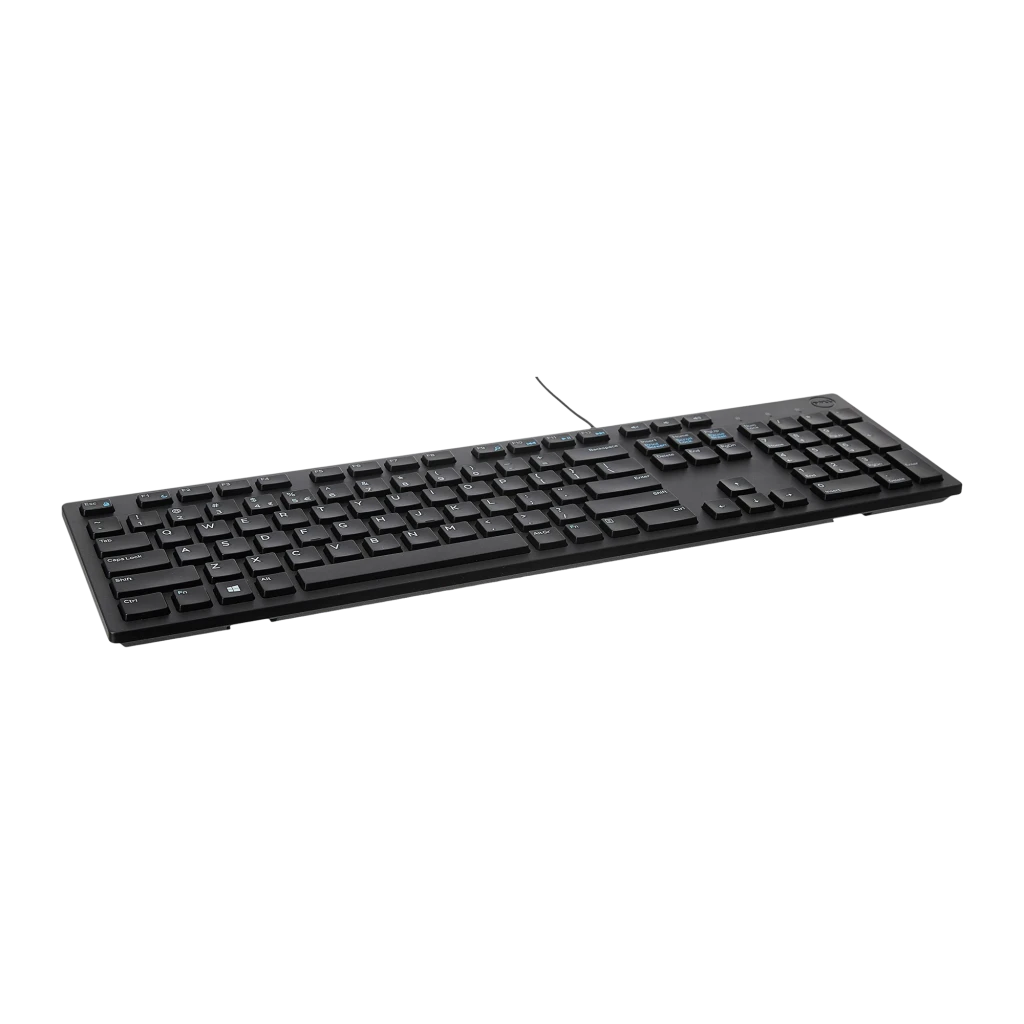 Dell Teclado KB216 QuietKey USB Preto, vista superior: disposição QWERTY completa com teclas multimédia em azul e cabo USB - Item3