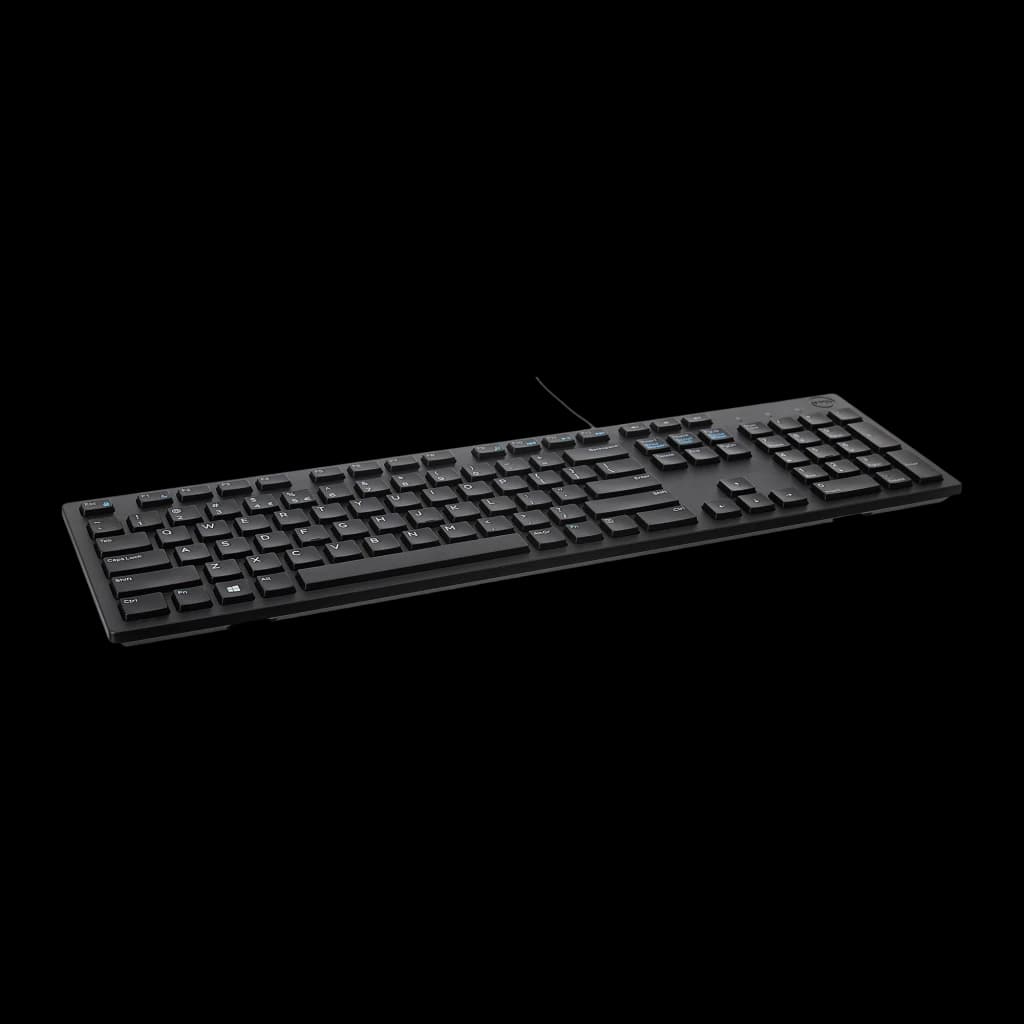 Dell Teclado KB216 QuietKey USB Preto, ângulo frontal esquerdo elevado: teclas QWERTY legíveis, teclas azuis destacadas e