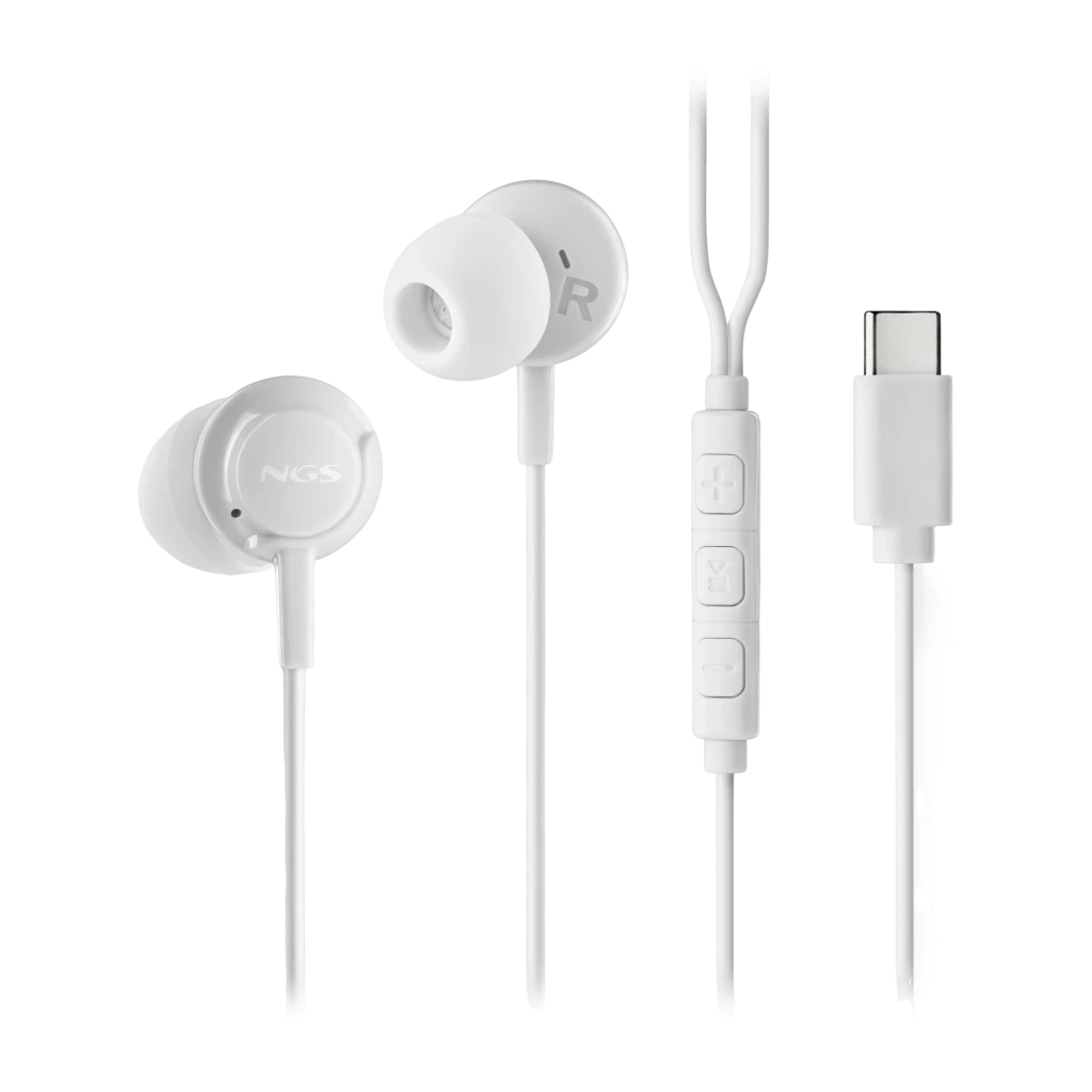 NGS Cross Step USB Tipo C Blanco, vista desglosada: auriculares in-ear blancos, mando con botones y conector USB-C visibles - Ítem