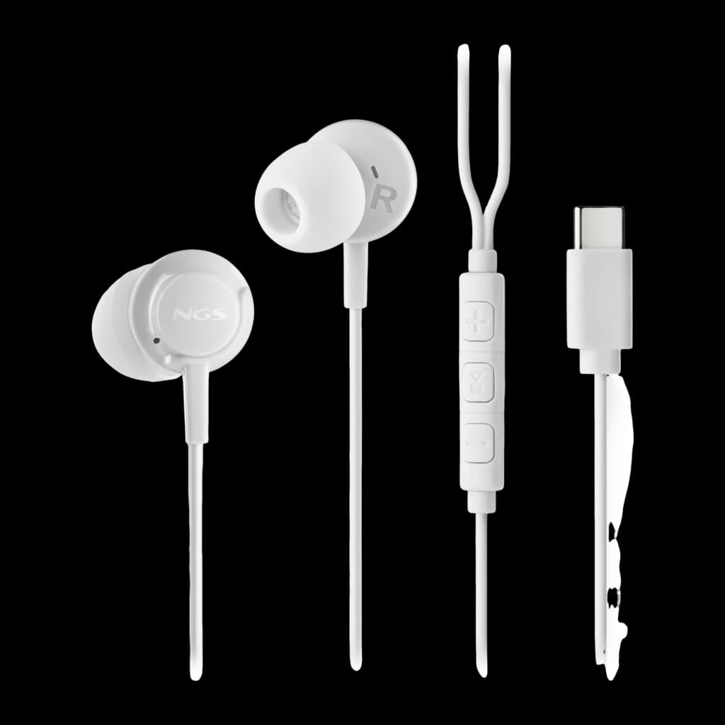 NGS Cross Step USB Type C Blanc, vue éclatée: écouteurs intra-auriculaires blancs avec télécommande à boutons et connecteur