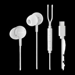NGS Cross Step USB Type C Blanc, vue éclatée: écouteurs intra-auriculaires blancs avec télécommande à boutons et connecteur
