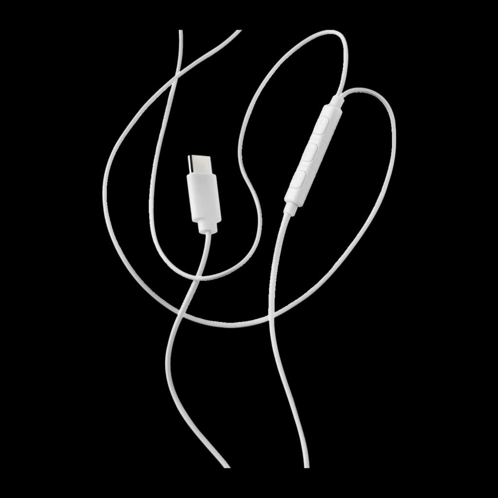 NGS Cross Step USB Type C Blanc, détail câble: connecteur USB-C et télécommande avec boutons en gros plan, sans écouteurs
