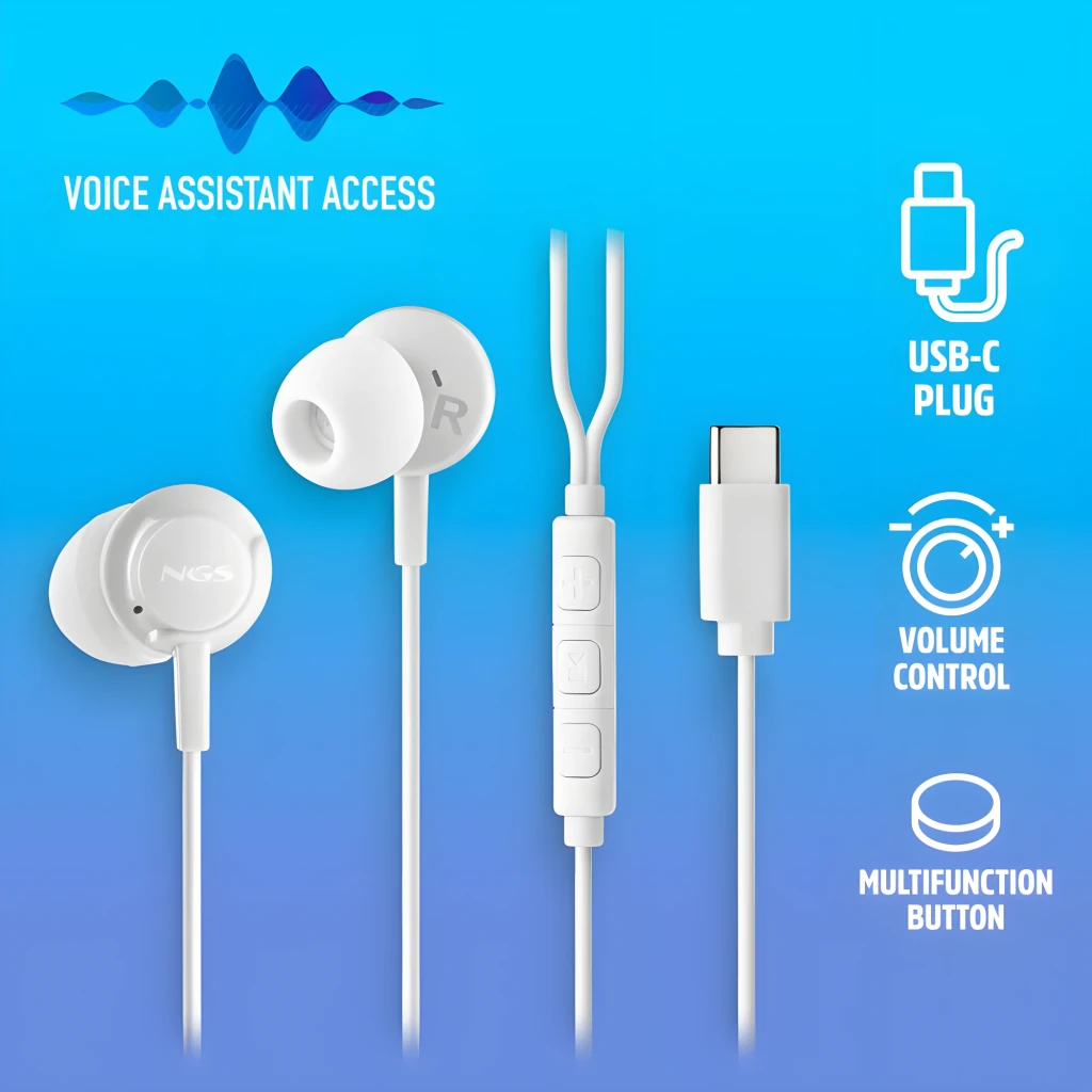 NGS Cross Step USB Tipo C Blanco, vista desglosada: auriculares in-ear blancos, mando con botones y conector USB-C visibles - Ítem3