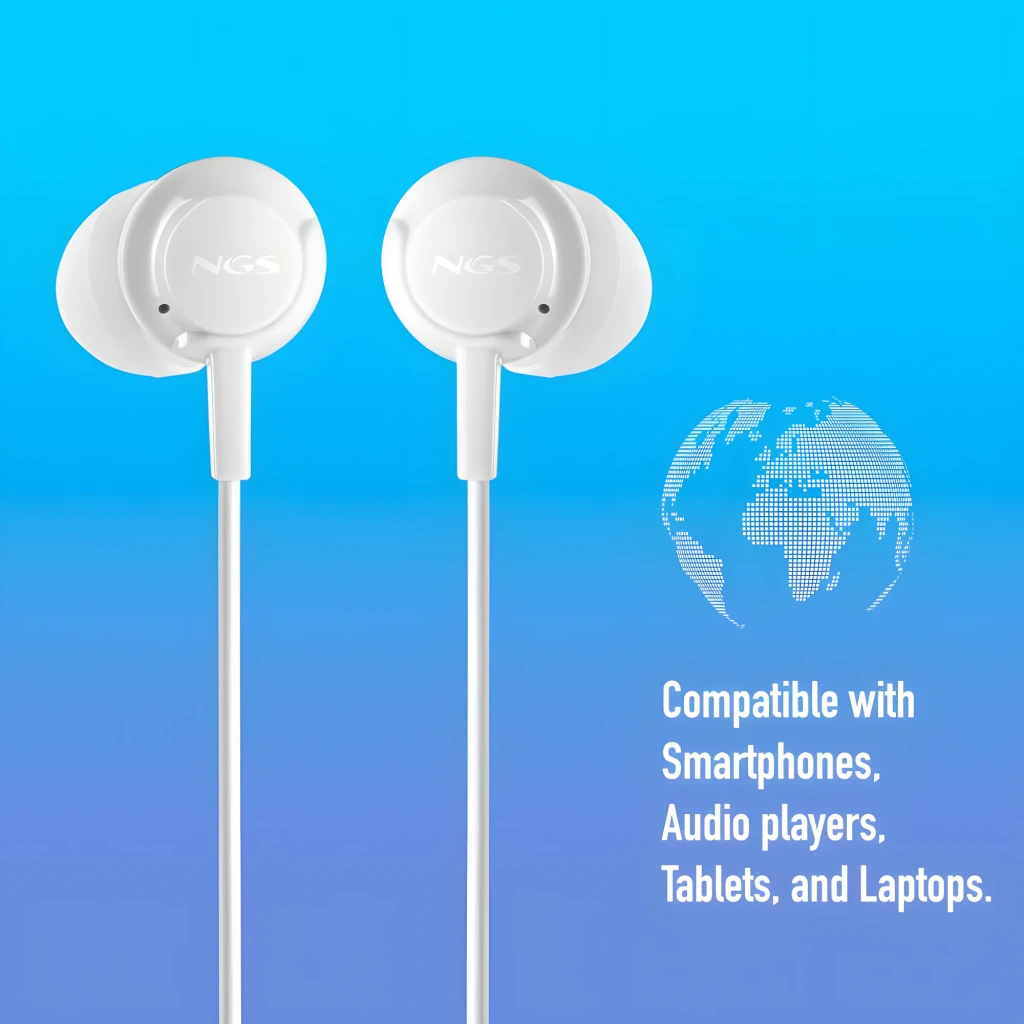 NGS Cross Step USB Tipo C Blanco, vista desglosada: auriculares in-ear blancos, mando con botones y conector USB-C visibles - Ítem4