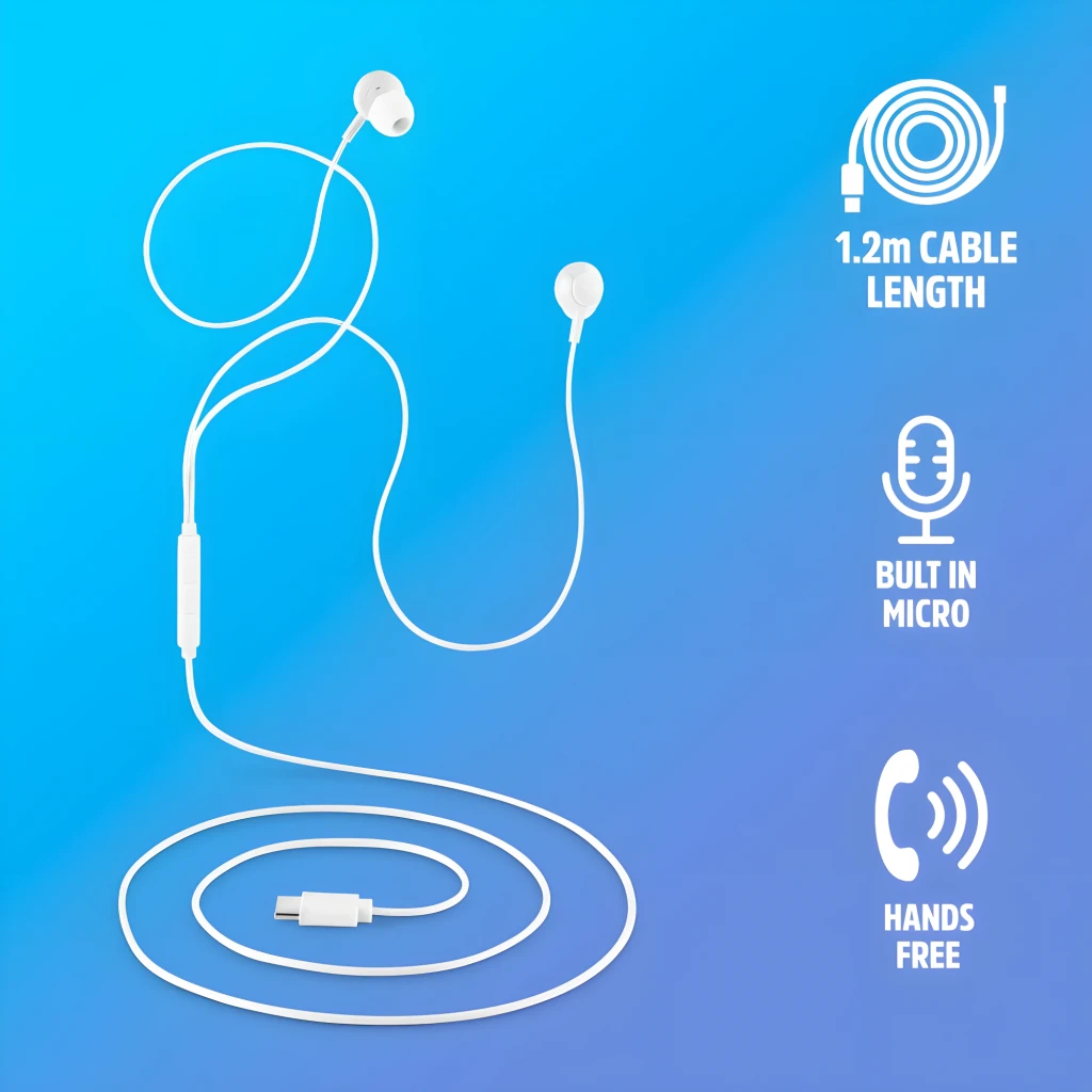 NGS Cross Step USB Tipo C Blanco, vista desglosada: auriculares in-ear blancos, mando con botones y conector USB-C visibles - Ítem5