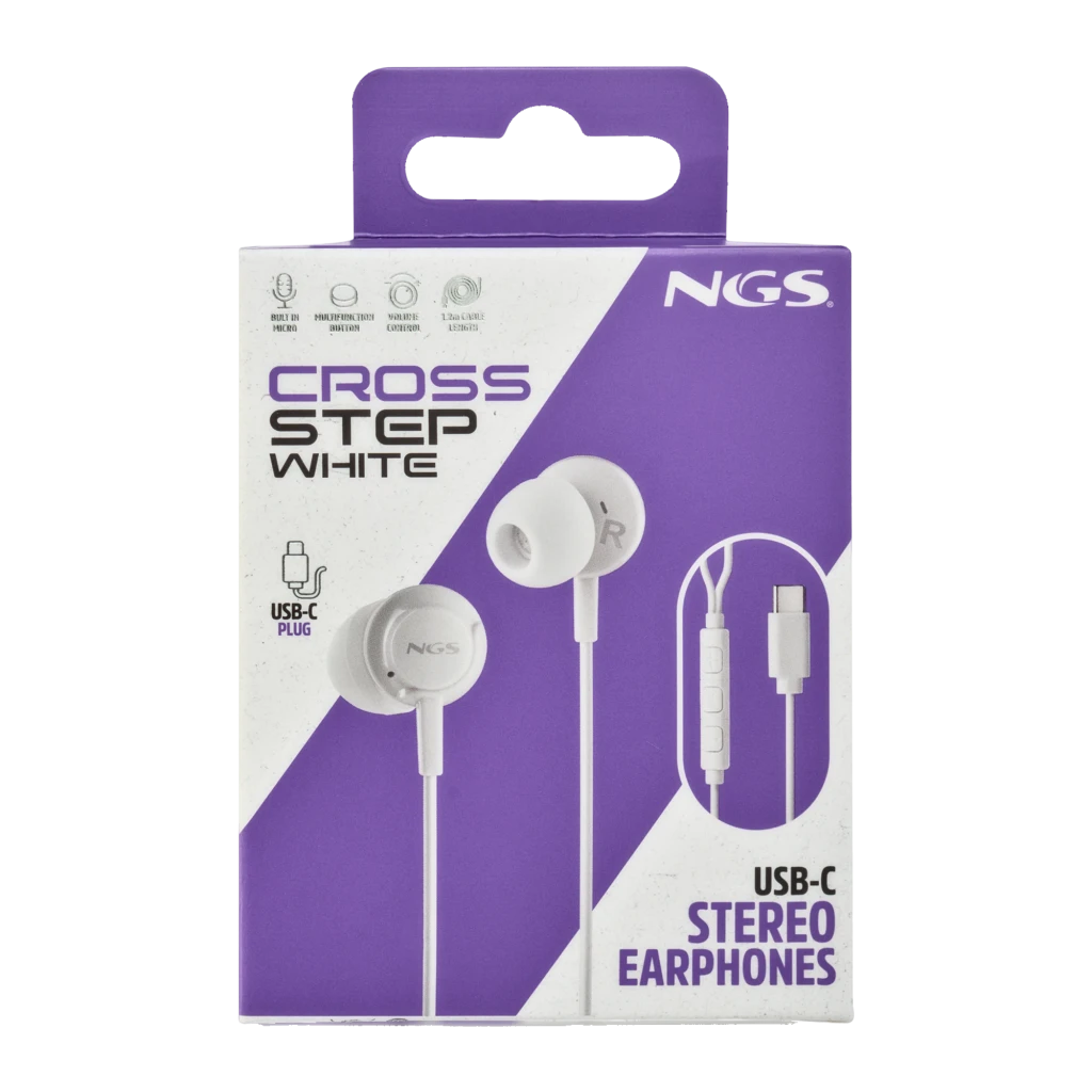 NGS Cross Step USB Tipo C Blanco, vista desglosada: auriculares in-ear blancos, mando con botones y conector USB-C visibles - Ítem6