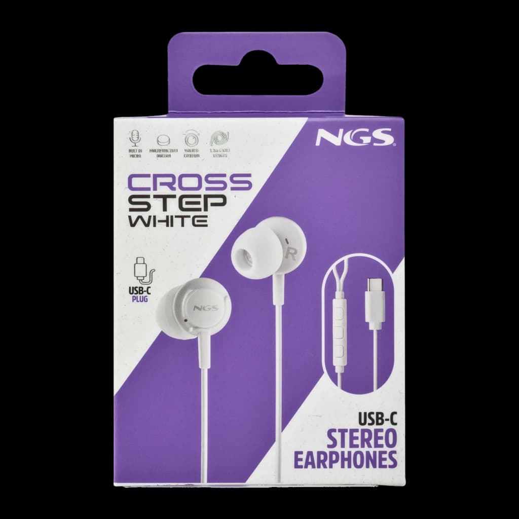 NGS Cross Step USB-C Blanc, boîte avant: emballage violet avec écouteurs blancs et connecteur USB-C visibles
