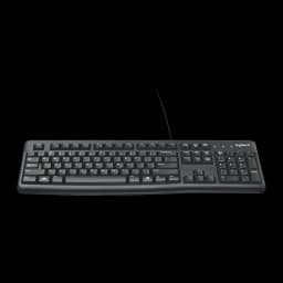 Teclado Logitech K120 USB con cable, diseño QWERTY de tamaño completo en negro, teclas de perfil bajo, teclado numérico y indicador LED, acabado mate