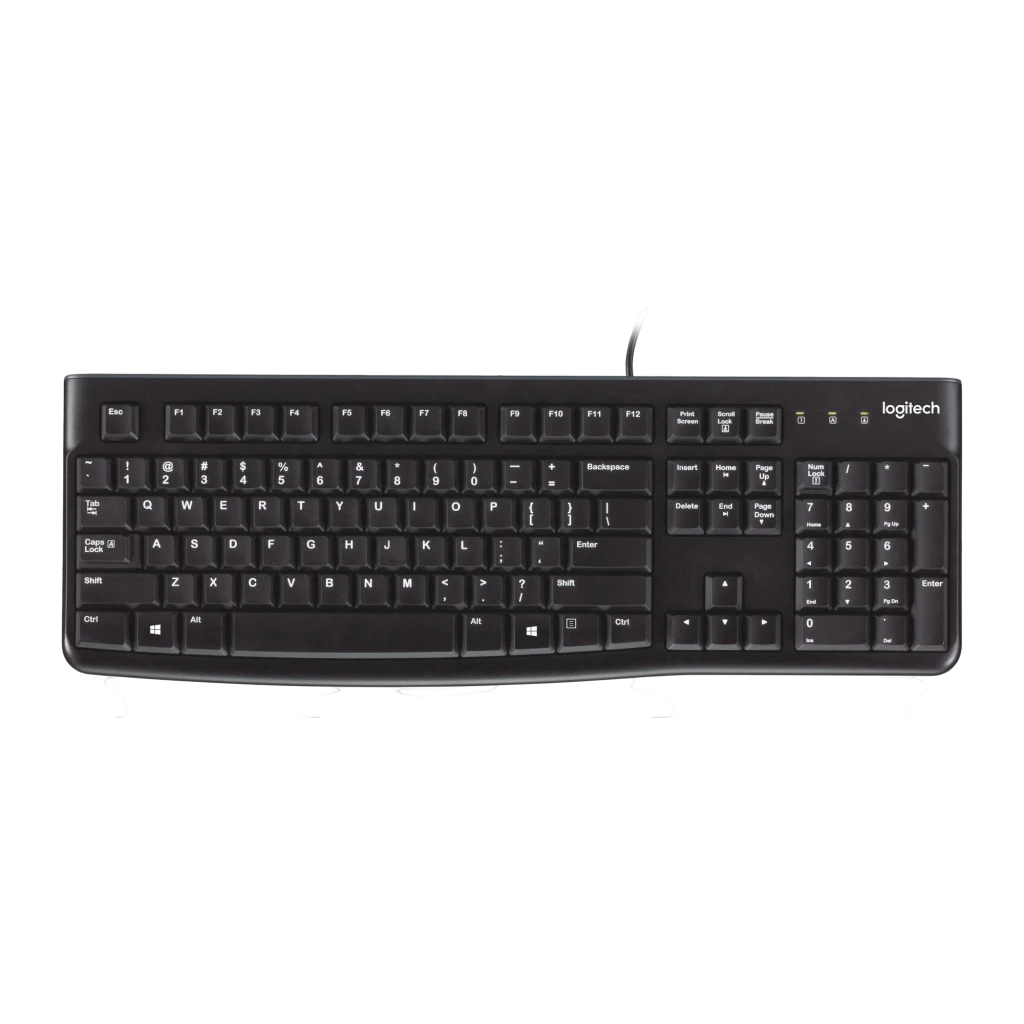 Logitech Teclado K120 USB QWERTY negro, vista en perspectiva: teclado completo con cable USB y teclado numérico lateral - Ítem7