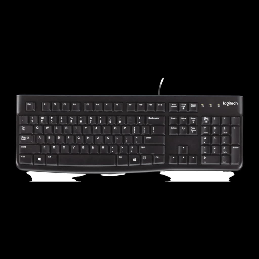 Teclado Logitech K120 USB con cable, diseño QWERTY en español, teclas de perfil bajo, numérico integrado, carcasa negra y luces LED de estado en la esquina