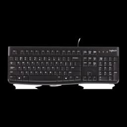 Teclado Logitech K120 USB con cable, diseño QWERTY en español, teclas de perfil bajo, numérico integrado, carcasa negra y luces LED de estado en la esquina