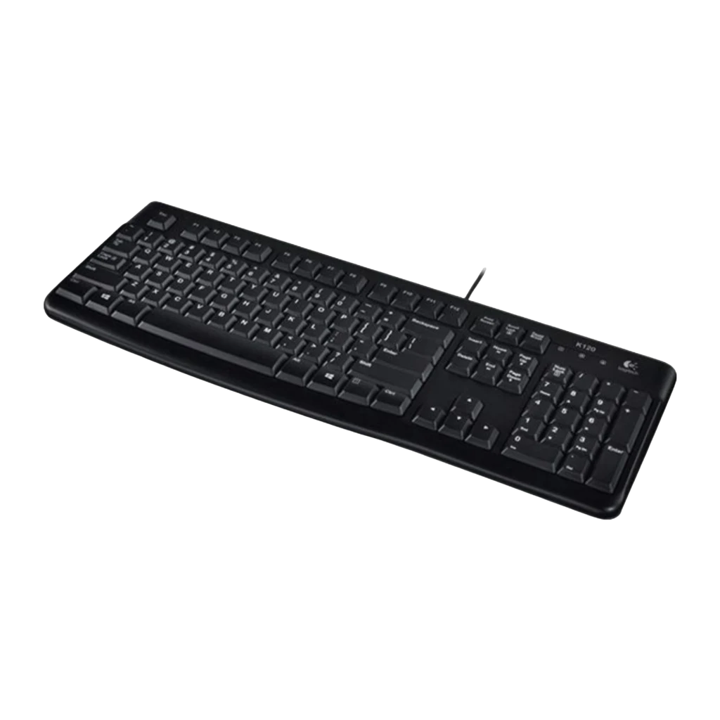 Logitech Teclado K120 USB QWERTY negro, vista en perspectiva: teclado completo con cable USB y teclado numérico lateral - Ítem1