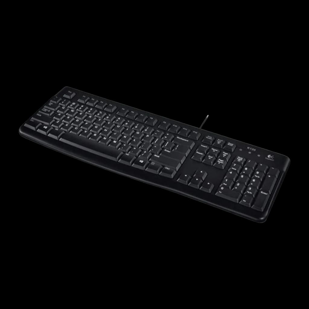 Teclado Logitech K120 USB con cable QWERTY negro, tamaño completo con teclado numérico, teclas de perfil bajo y diseño resistente para uso diario