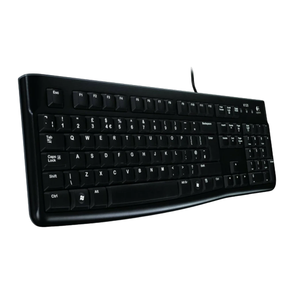 Logitech Teclado K120 USB QWERTY negro, vista en perspectiva: teclado completo con cable USB y teclado numérico lateral - Ítem2