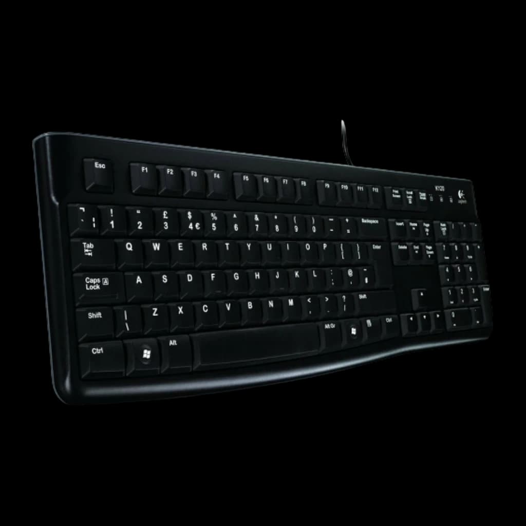 Teclado Logitech K120 USB con cable, diseño QWERTY completo en negro, teclas de perfil bajo, inclinación ajustable y cable saliente en la parte superior