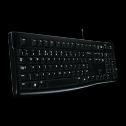 Teclado Logitech K120 USB con cable, diseño QWERTY completo en negro, teclas de perfil bajo, inclinación ajustable y cable saliente en la parte superior