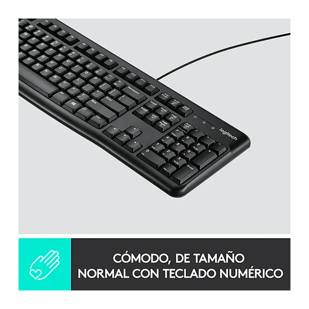 Logitech Teclado K120 USB QWERTY negro, vista en perspectiva: teclado completo con cable USB y teclado numérico lateral - Ítem6