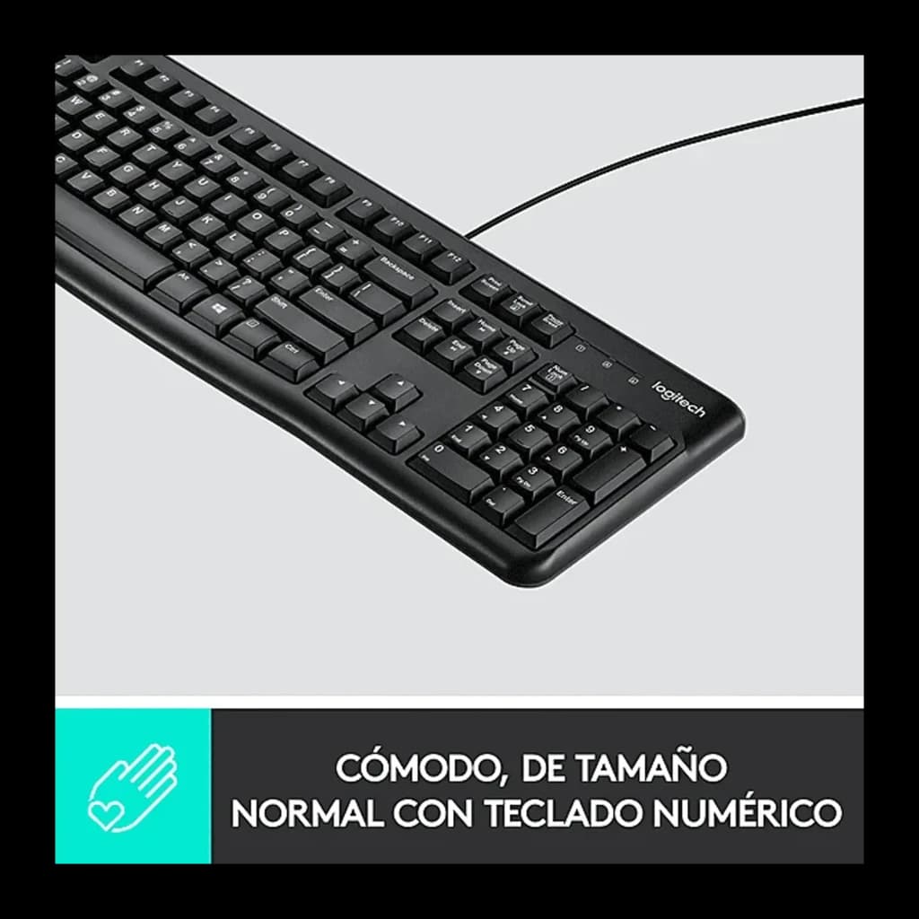 Teclado Logitech K120 USB con cable, diseño QWERTY de tamaño completo, teclas de perfil bajo y teclado numérico integrado en color negro