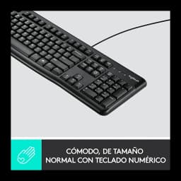 Teclado Logitech K120 USB con cable, diseño QWERTY de tamaño completo, teclas de perfil bajo y teclado numérico integrado en color negro