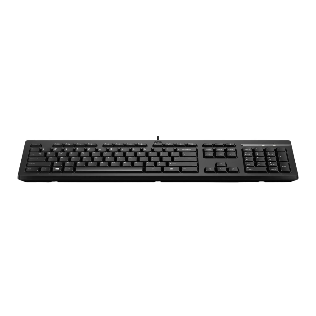 HP Teclado 125 G2 USB negro, vista superior: teclado completo con teclado numérico, cable USB y logo HP centrado - Ítem1