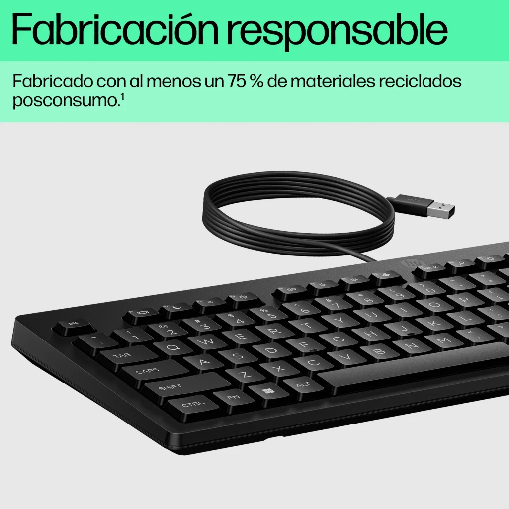 HP Teclado 125 G2 USB negro, vista superior: teclado completo con teclado numérico, cable USB y logo HP centrado - Ítem5