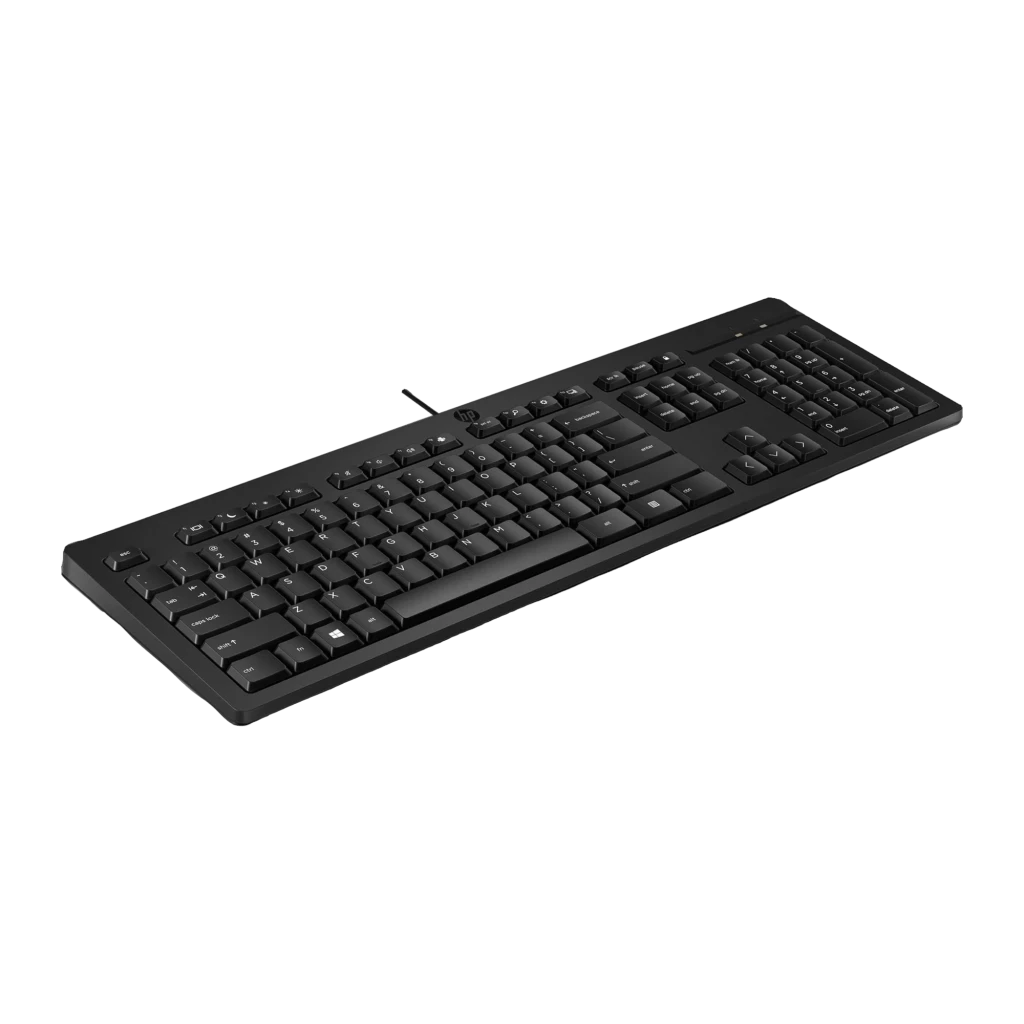 HP Teclado 125 G2 USB negro, vista superior: teclado completo con teclado numérico, cable USB y logo HP centrado - Ítem2