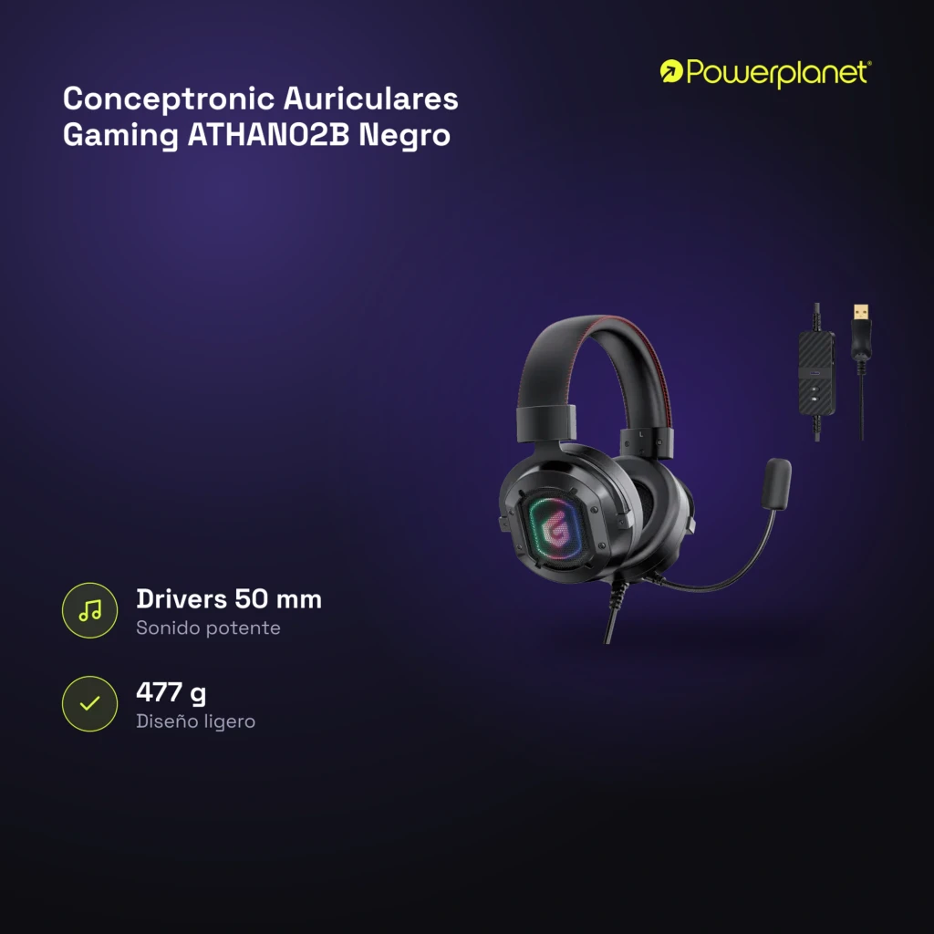 Conceptronic ATHAN02B negro, kit completo: auriculares con iluminación RGB en copa y controlador USB en cable - Ítem5